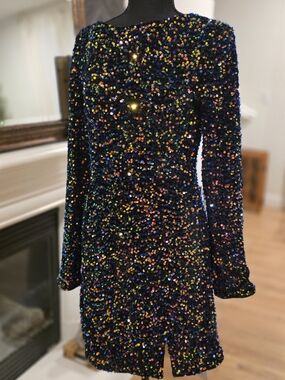 Black Multicolor Sequin Long Sleeve Mini Dress